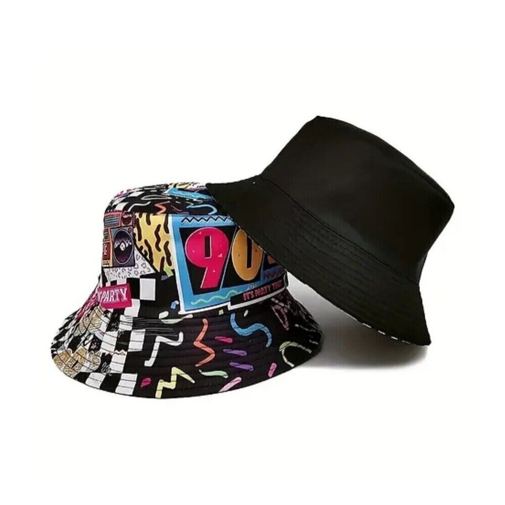 BUCKET HAT I LOVE THE 90'S & REVERSIBLE BLACK WITH EMBROIDERED SUNGLASSES
